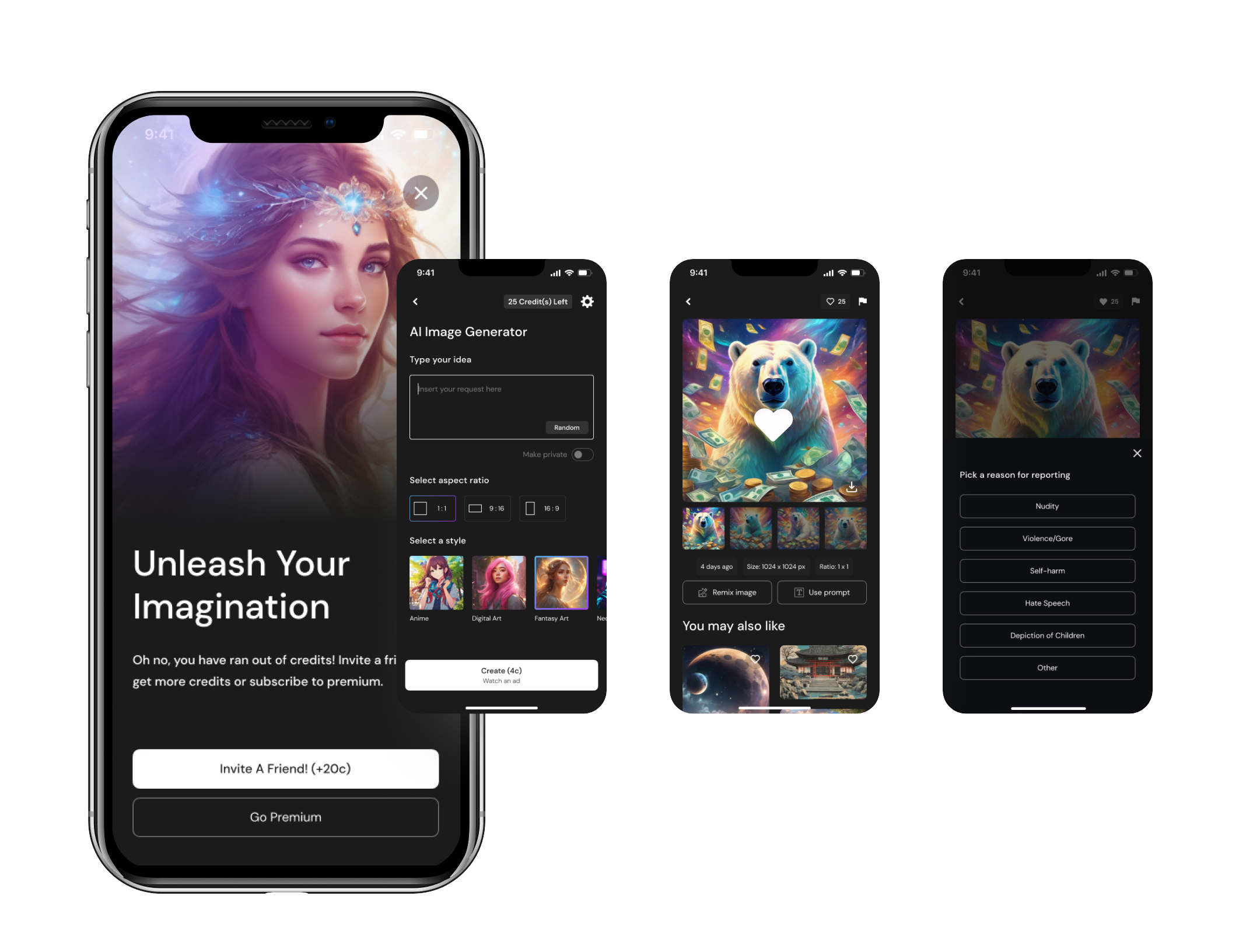 AI Image Generator prompt, creation, and sharing screens