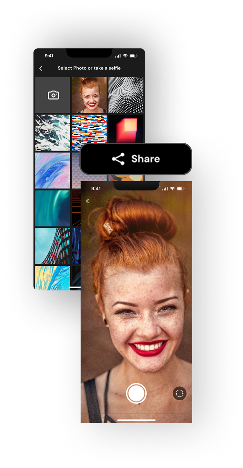 FaceFlip photo selection, camera, and sharing previews