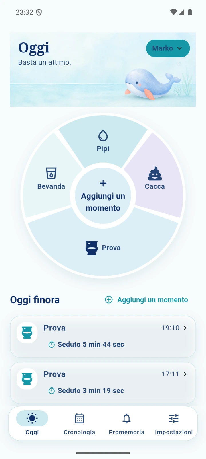 OwnTempo: Spannolinamento — diario del vasino e timer