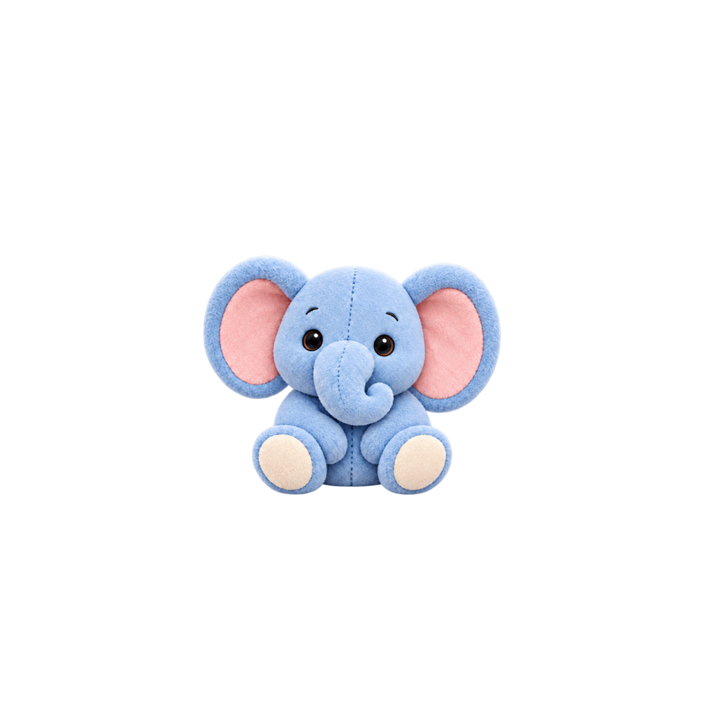 The powder-blue Plumilo elephant, with pink ears and a curled trunk