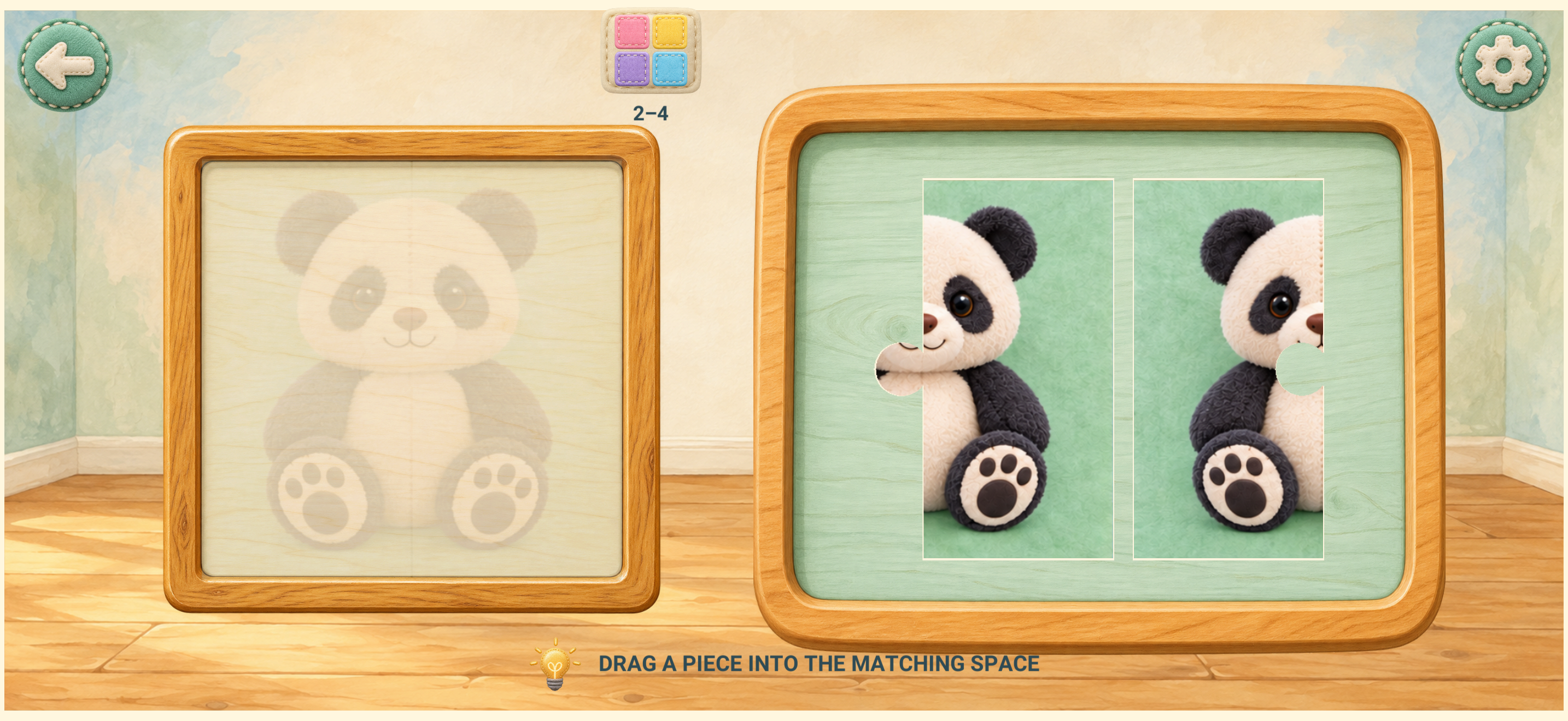 Picture Puzzles: a plush panda reference picture and two puzzle pieces on wooden boards