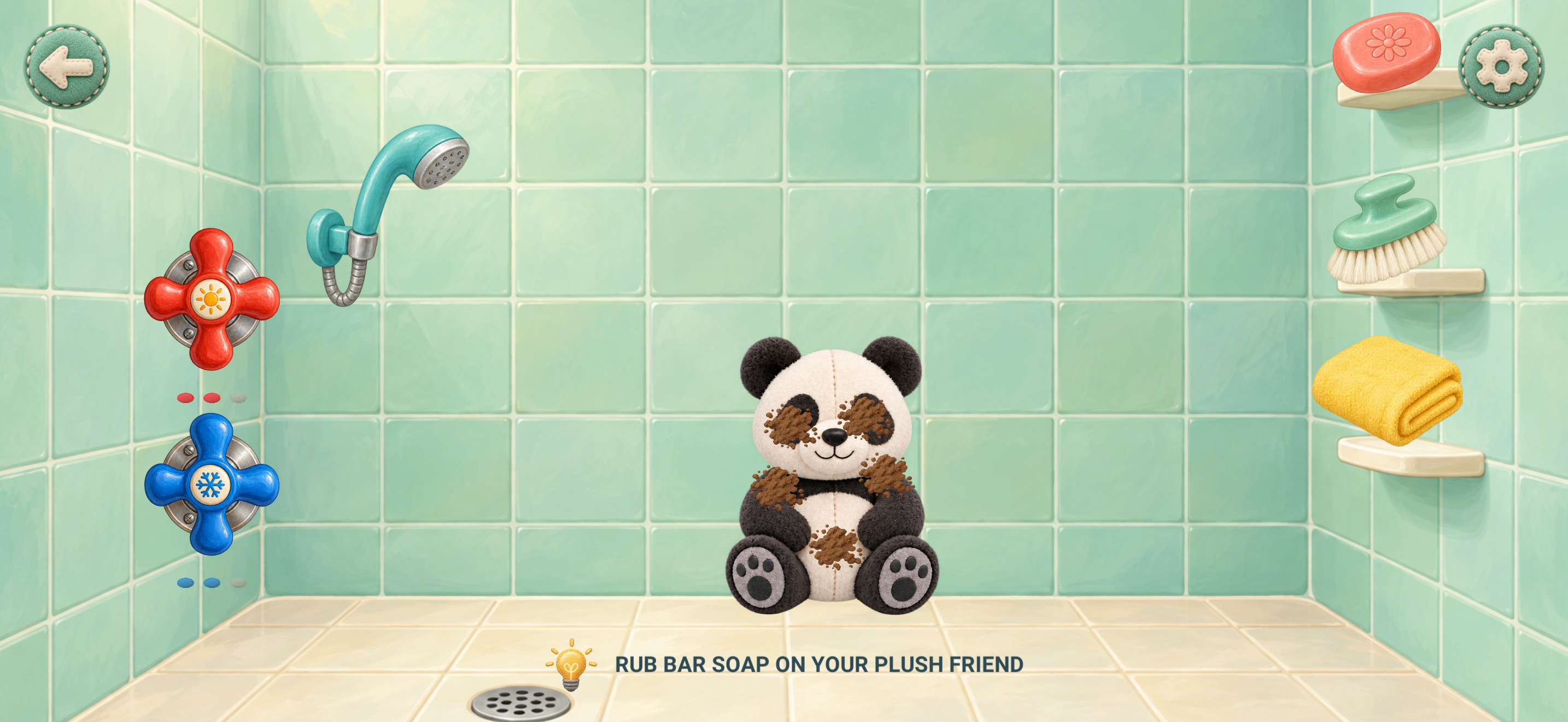 Plush Bath Time: a muddy plush panda beside a shower, soap, brush and towel