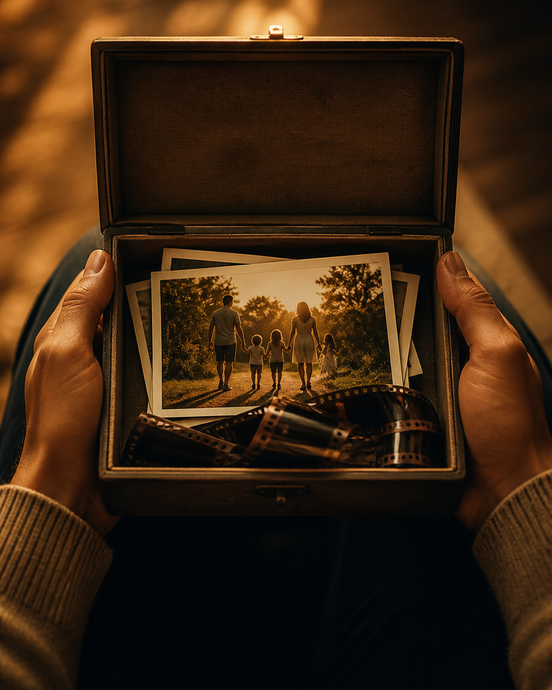 Hands holding a private family archive of photographs and film